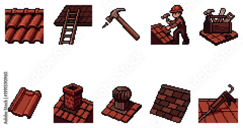 A collection of pixel art icons depicting roofing materials, construction elements, tools, and a roofer worker, perfect for games and design.