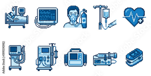 A collection of pixel art style icons depicting various medical equipment including a patient in bed, monitor, oxygen mask, IV drip, heart pulse, ventilator, and pulse oximeter.