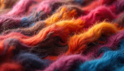 Vibrant woolen textile shows colorful swirls of tie dye pattern. Furry texture displays bright pink, orange, blue and brown threads. Abstract background for design.