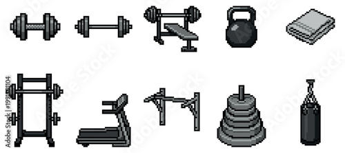 A pixel art collection of various gym equipment, including dumbbells, barbells, a weight bench, kettlebell, towel, squat rack, treadmill, pull-up bar, weight plates, and a punching bag.