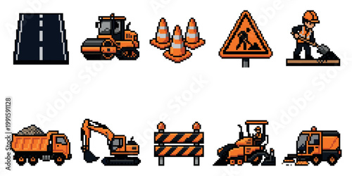 A colorful pixel art collection of construction vehicles, traffic cones, road signs, and a worker, ideal for digital designs and games.