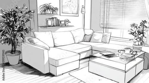 Detailed architectural sketch depicts a modern living room interior arrangement
