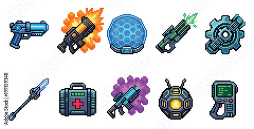 A collection of pixel art icons representing science fiction game elements including weapons, a medical kit, a shield, and a communication device.