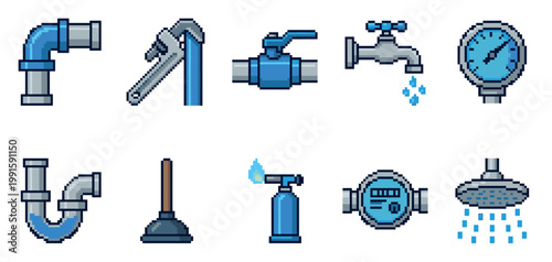 A collection of pixel art icons depicting various plumbing tools and fixtures, including pipes, wrench, valve, faucet, gauge, plunger, torch, meter, and showerhead.