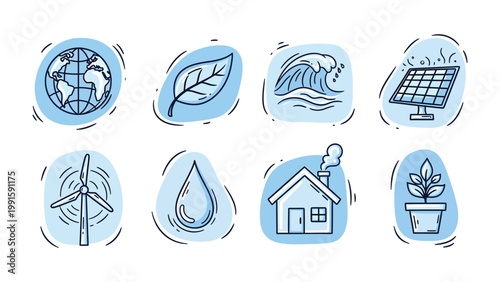 Eco-Friendly Icons: Illustrative collection of environmentally conscious icons, each meticulously designed to represent core sustainable concepts. 