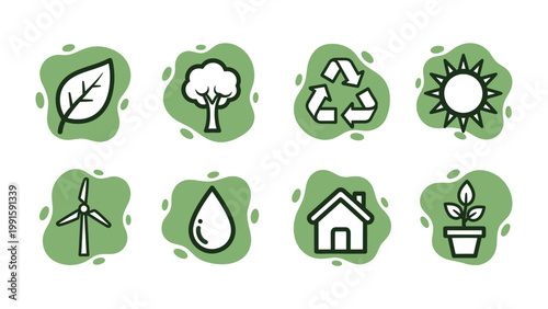 Eco-Friendly Icons: A collection of environmentally conscious icons on a vibrant, illustrative background, each one representing the essence of sustainability and natural world, including a leaf.