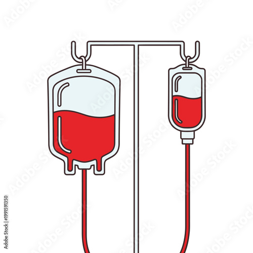 Medical IV bags containing red liquid, symbolizing donation or treatment, hanging from a stand