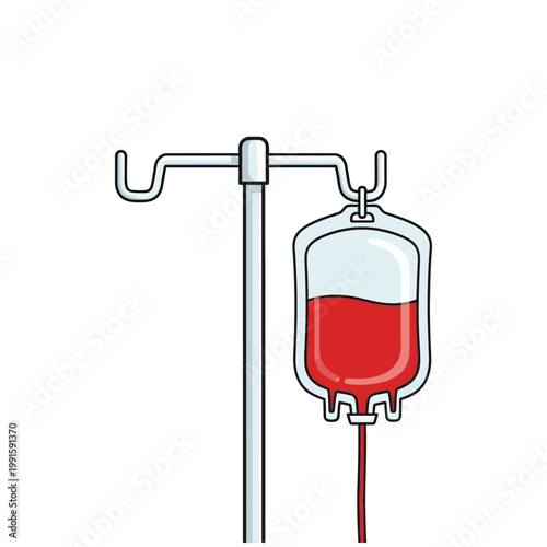 Blood bag hanging from an IV stand, medical illustration representing blood transfusion or intravenous therapy