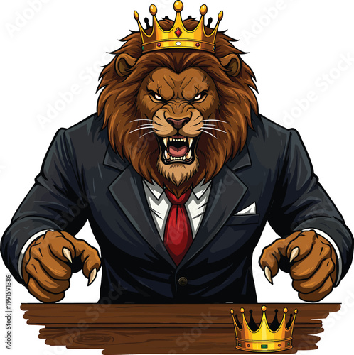 Angry lion wearing a golden crown and a black business suit with a red tie leaning over a wooden desk with a second crown resting on the surface