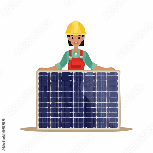 Woman in hard hat with solar panel