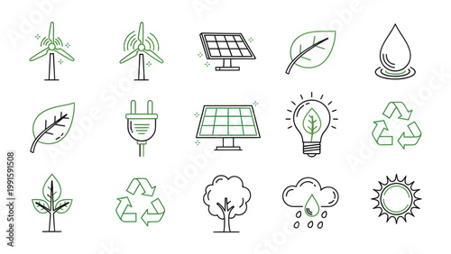 Eco-Friendly Icons: A visual anthology of environmentally conscious symbols. A diverse collection of minimalist icons that celebrate nature, sustainability and the beauty of green living. 