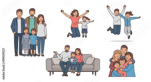 Set of happy family characters showing various activities and emotions.