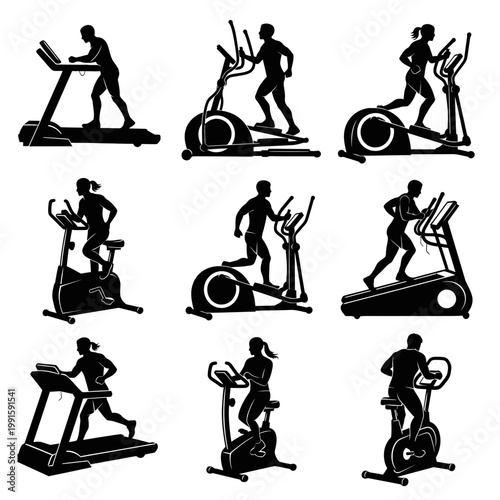Silhouettes of People Exercising on Various Fitness Machines and Exercise Bikes in Gym

