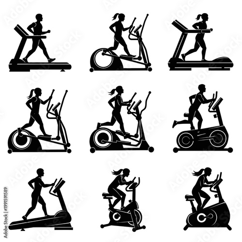Silhouettes of People Exercising on Various Fitness Machines and Exercise Bikes in Gym

