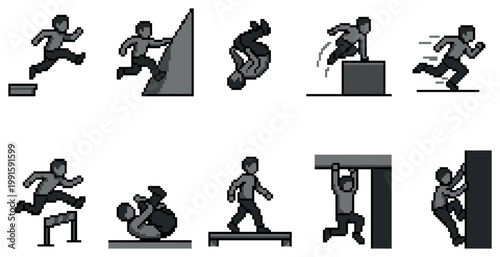 A pixel art collection of a person performing various parkour moves like running, jumping, flipping, and climbing against a white background.