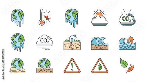 Climate Change Icons: A symbolic set of icons represents various facets of climate change, from rising temperatures and melting glaciers to extreme weather events.