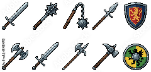 A collection of pixel art medieval weapons and shields rendered in a retro game style against a white background, ideal for game development or fantasy themes.