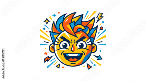 Smiling cartoon face with colorful hair.