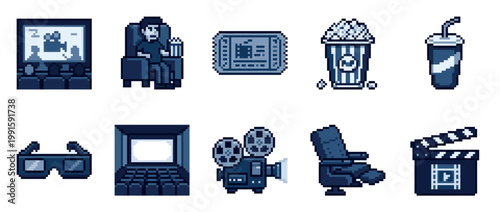 A collection of pixel art icons depicting elements of cinema, including a movie theater, popcorn, ticket, and camera, rendered in a monochromatic blue palette.