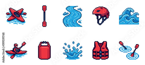 A collection of pixel art icons depicting kayak equipment and water imagery, including kayaks, paddles, a helmet, life vest, dry bag, water stream, and waves.