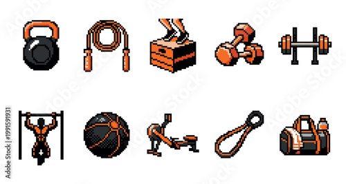 This pixel art collection features a variety of fitness equipment in a clean, graphic style, perfect for digital projects related to health and exercise.