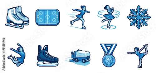 Collection of pixel art icons featuring ice skating elements like skates, ice rink, skaters in action, snowflake, ice resurfacer and medal.