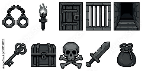 A collection of pixel art icons featuring classic dungeon elements like handcuffs, a torch, a locked door, and a treasure chest for game development.