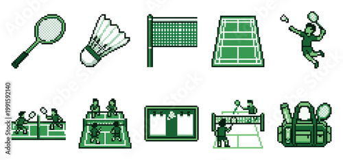 A charming pixel art collection featuring various elements of badminton, including rackets, shuttles, courts, players, and bags in a monochromatic green palette.