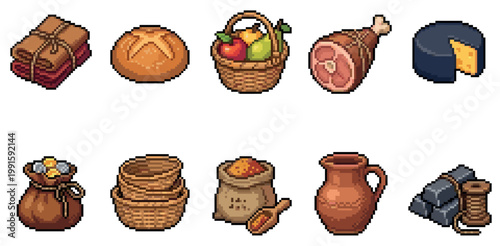 A collection of pixel art icons representing various food items and goods, including bread, fruits, meat, cheese, money, and raw materials.