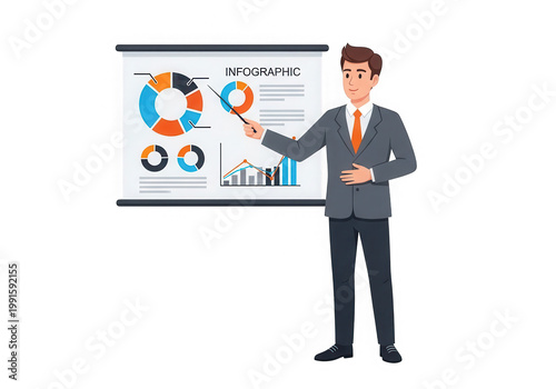 A man in a business suit presenting a graph on a whiteboard isolated on transparent background
