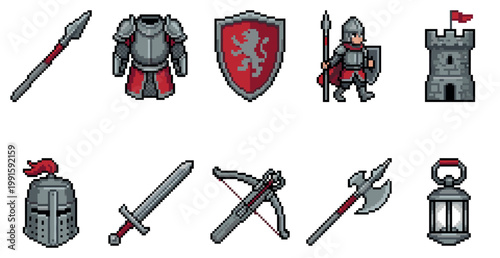 A collection of pixel art assets featuring medieval knight equipment, weapons, a castle tower, and a lantern on a white background.