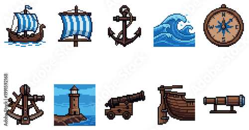 A collection of pixel art icons featuring nautical elements like ships, anchors, lighthouses, and compasses, perfect for games or digital design.