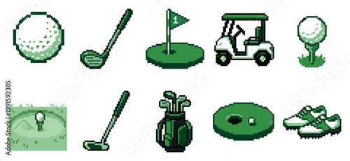 A collection of pixelated golf-themed icons in various shades of green, featuring balls, clubs, a golf cart, and shoes, perfect for retro gaming or sporty designs.