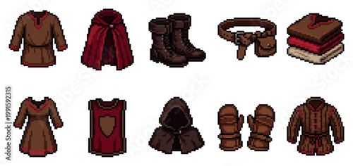 A collection of pixel art medieval clothing and accessories displayed against a white background, featuring tunics, a cloak, boots, and a belt.