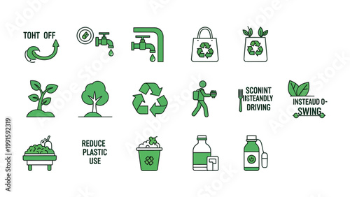 Eco-Friendly Icons: A visually informative collection of eco-friendly icons representing actions, promoting a sustainable lifestyle and environmental protection.