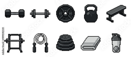 A collection of pixel art icons depicting essential gym equipment, including dumbbells, barbells, weight plates, kettlebells, benches, racks, jump ropes, towels, and shakers.