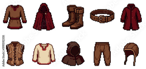 A collection of pixel art assets depicting various medieval fantasy clothing items in earthy tones against a white background, perfect for game development.