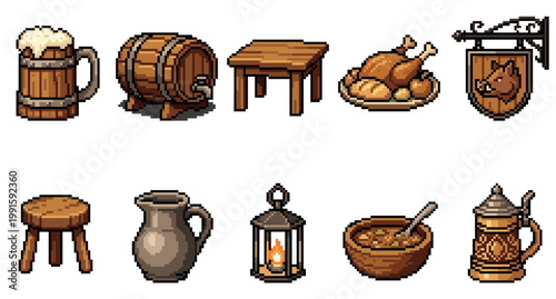 A collection of pixel art icons depicts elements of a medieval tavern, including a beer mug, barrel, table, roasted chicken, sign, stool, pitcher, lantern, soup, and stein.