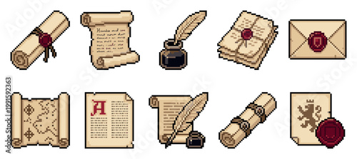 A collection of pixel art icons featuring vintage scrolls, maps, letters, and sealing wax seals, evoking a sense of history and adventure.