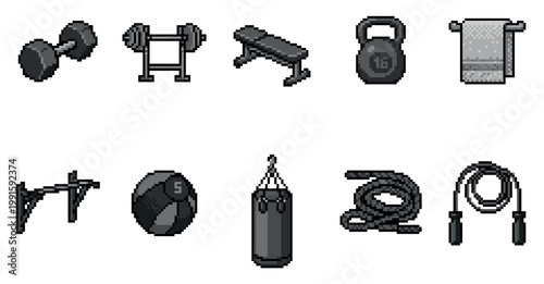 A collection of pixel art gym equipment, including dumbbells, a barbell, bench, kettlebell, towel, pull-up bar, medicine ball, punching bag, and jump ropes, presented on a white background.
