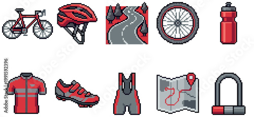 A vibrant collection of pixel art bicycle gear, including a bike, helmet, road, wheel, bottle, jersey, shoe, shorts, map, and lock, perfect for digital projects.