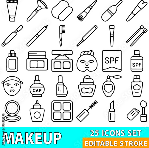 Makeup icons collection presents twenty-five detailed black line illustrations of beauty products and cosmetic tools arranged on a neutral white field for elegant commercial branding and design.