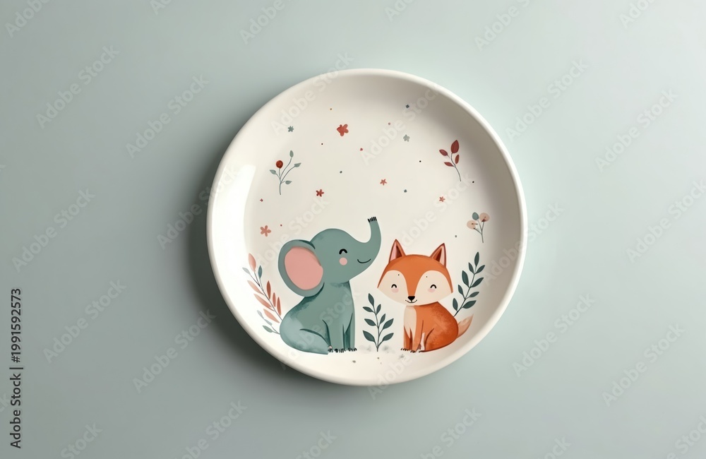 Obraz premium Cute ceramic plate with elephant and fox illustrations. Adorable animal design for kids meals. Perfect for baby shower, toddler gift, or nursery decor.