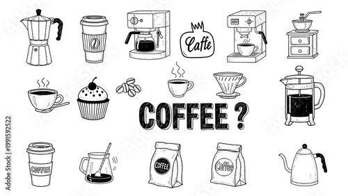 Coffee maker machine, Grinder, coffee bean, Coffee jar, packet of coffee, Cup icon logo flat vector design