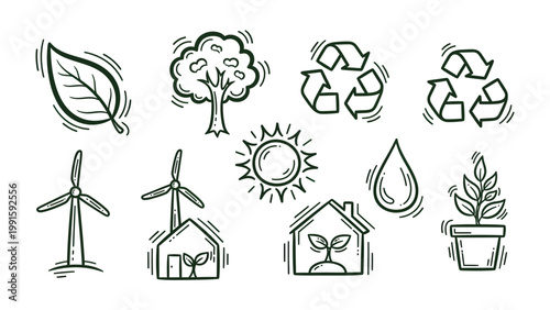 Eco-Friendly Icons: A collection of hand-drawn icons representing the core values of environmental sustainability, designed to inspire eco-consciousness and promote a greener future.