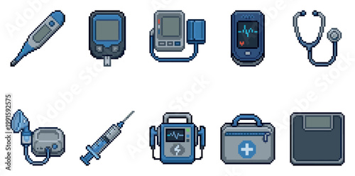 A collection of pixel art icons representing various medical devices like a thermometer, stethoscope, blood pressure monitor, and syringe on a white background.
