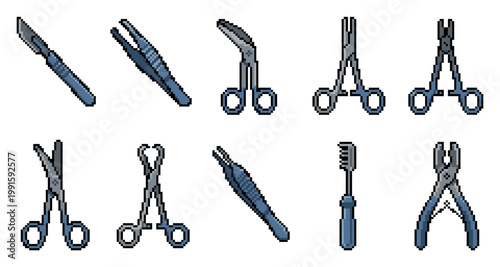 A collection of pixel art medical tools including scalpels, forceps, scissors, and clamps, presented against a clean white background, evoking a retro digital aesthetic for graphic design.