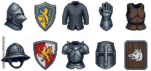 A collection of pixel art medieval armor pieces and shields, featuring helmets, chainmail, gauntlets, breastplates, and various shield designs.
