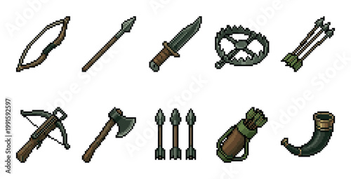 A collection of pixel art icons featuring hunting and combat weapons like bows, arrows, axes, knives, crossbows, and animal traps on a white background.
