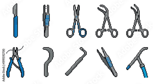 A collection of pixel art representations of various surgical instruments including scalpels, forceps, and scissors on a white background.